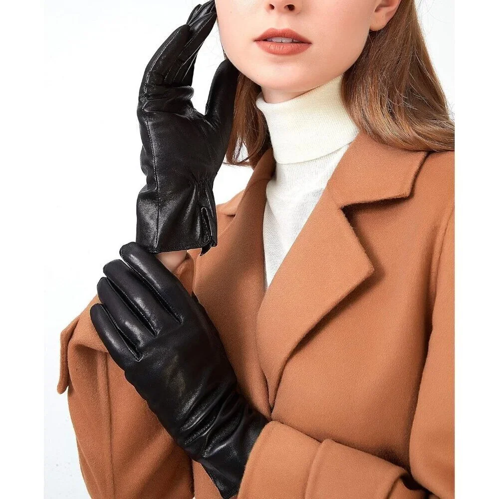 Women's Leather Gloves Genuine SheepSkin Leather Cold Weather Gloves Black